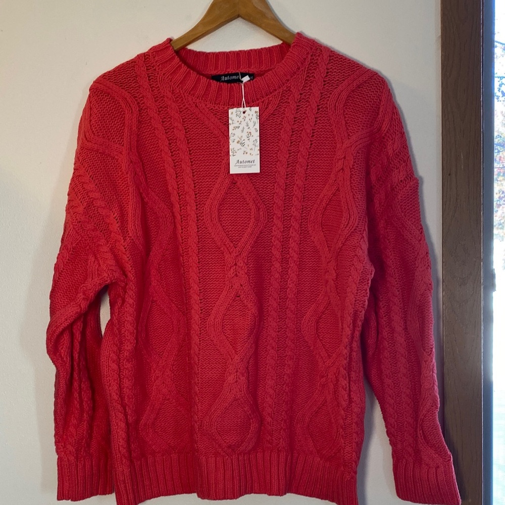 Automet Women's Vibrant Coral Cable Knit Sweater